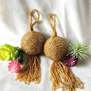 Pair of Handmade 1970s Beaded Amber Gold Christmas Ball Ornament w/ Fringe